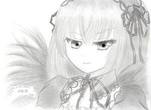 Rating: Safe Score: 0 Tags: 1girl auto_tagged flower greyscale hair_ribbon image long_hair looking_at_viewer monochrome ribbon simple_background smile solo suigintou white_background User: admin