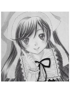 Rating: Safe Score: 0 Tags: 1girl border frills graphite_(medium) greyscale hat image index_finger_raised long_hair long_sleeves looking_at_viewer monochrome neck_ribbon ribbon smile solo suiseiseki traditional_media upper_body User: admin