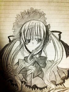 Rating: Safe Score: 0 Tags: 1girl blush bow bowtie frills image long_hair looking_at_viewer monochrome ribbon shinku solo twintails upper_body User: admin