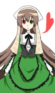 Rating: Safe Score: 0 Tags: 1girl black_ribbon brown_hair dress frills green_dress green_eyes head_scarf heterochromia image long_hair long_sleeves looking_at_viewer red_eyes simple_background solo suiseiseki very_long_hair white_background User: admin