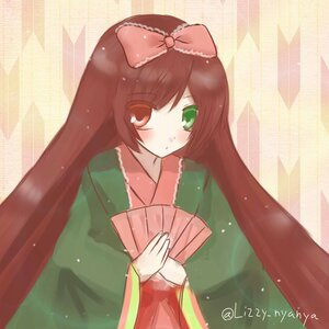 Rating: Safe Score: 0 Tags: 1girl blush bow brown_hair curtains fan folding_fan green_eyes hair_bow heterochromia holding image japanese_clothes kimono long_hair long_sleeves looking_at_viewer solo striped striped_background suiseiseki User: admin