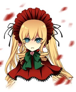 Rating: Safe Score: 0 Tags: 1girl blonde_hair blue_eyes blurry blurry_background blurry_foreground bow bowtie depth_of_field dress drill_hair flower green_bow image long_hair looking_at_viewer motion_blur ribbon rose shinku solo twintails white_background User: admin