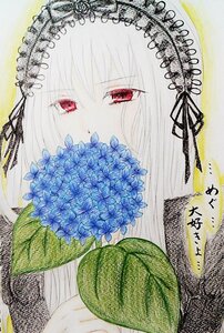 Rating: Safe Score: 0 Tags: 1girl bangs blue_flower bouquet eyebrows_visible_through_hair flower holding holding_bouquet hydrangea image looking_at_viewer photo red_eyes ribbon solo suigintou traditional_media white_hair User: admin