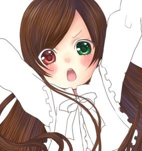 Rating: Safe Score: 0 Tags: 1girl :o apron bangs blush brown_hair dress frills green_eyes image long_hair long_sleeves looking_at_viewer open_mouth simple_background solo suiseiseki upper_body white_background User: admin