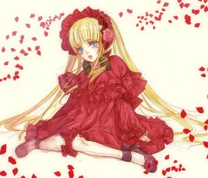 Rating: Safe Score: 0 Tags: 1girl blonde_hair blue_eyes bow dress flower image long_hair long_sleeves petals red_dress red_flower rose rose_petals shinku sitting solo striped twintails very_long_hair User: admin