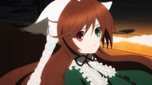 Rating: Safe Score: 0 Tags: 1girl brown_hair dress frills green_eyes heterochromia image long_hair long_sleeves looking_at_viewer red_eyes ribbon solo suiseiseki User: admin