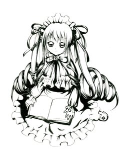 Rating: Safe Score: 0 Tags: 1girl blush book dress drill_hair frills greyscale image long_hair long_sleeves looking_at_viewer monochrome ribbon shinku simple_background solo twin_drills twintails very_long_hair white_background User: admin