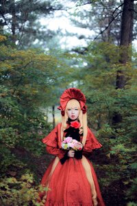 Rating: Safe Score: 0 Tags: 1girl blonde_hair blue_eyes bonnet bow dress flower long_hair nature outdoors red_dress red_rose rose shinku solo tree User: admin