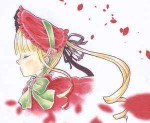 Rating: Safe Score: 0 Tags: 1girl bangs blonde_hair bonnet bow bowtie closed_eyes dress flower green_bow image long_hair petals profile ribbon rose shinku solo striped striped_background User: admin