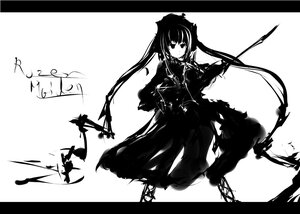 Rating: Safe Score: 0 Tags: 1girl greyscale image letterboxed long_hair looking_at_viewer monochrome shinku silhouette solo standing twintails very_long_hair weapon User: admin