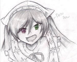 Rating: Safe Score: 0 Tags: 1girl frills green_eyes heterochromia image long_hair looking_at_viewer maid_headdress monochrome open_mouth red_eyes sketch smile solo suiseiseki traditional_media twintails User: admin