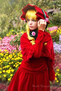 Rating: Safe Score: 0 Tags: 1girl blonde_hair blue_eyes blurry blurry_background bonnet bow day depth_of_field dress flower lips long_hair long_sleeves looking_at_viewer outdoors pink_flower red_dress shinku solo User: admin
