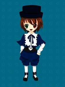 Rating: Safe Score: 0 Tags: 1girl :d blue_background brown_hair capelet full_body green_eyes hat heterochromia image long_sleeves looking_at_viewer open_mouth pants red_eyes smile solo souseiseki standing top_hat white_legwear User: admin