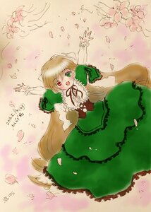 Rating: Safe Score: 0 Tags: 1girl brown_hair dress flower frills green_dress green_eyes heterochromia image long_hair long_sleeves looking_at_viewer open_mouth petals red_eyes smile solo suiseiseki very_long_hair User: admin