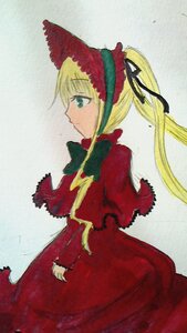 Rating: Safe Score: 0 Tags: 1girl blonde_hair bonnet bow capelet dress green_eyes image long_hair long_sleeves profile red_dress ribbon shinku solo User: admin