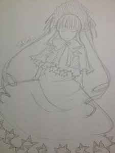 Rating: Safe Score: 0 Tags: 1girl bonnet bow bowtie capelet closed_eyes dress frills image long_hair long_sleeves monochrome shinku simple_background solo standing traditional_media twintails very_long_hair User: admin