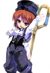 Rating: Safe Score: 0 Tags: 1girl :d bangs brown_hair frills green_eyes hat heterochromia image long_sleeves looking_at_viewer open_mouth red_eyes short_hair smile solo souseiseki standing top_hat white_background User: admin