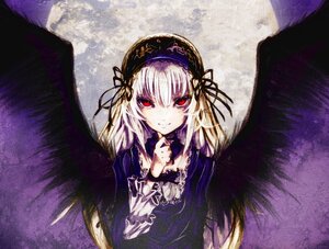 Rating: Safe Score: 0 Tags: 1girl black_wings dress flower frills full_moon hairband image long_hair long_sleeves looking_at_viewer moon night red_eyes rose silver_hair smile solo suigintou wings User: admin