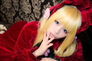 Rating: Safe Score: 0 Tags: 1girl bangs blonde_hair blue_eyes blunt_bangs bonnet bow dress eyelashes lips long_hair looking_at_viewer red_capelet red_dress shinku solo upper_body User: admin