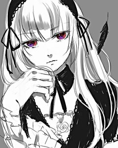 Rating: Safe Score: 0 Tags: 1girl auto_tagged closed_mouth detached_collar feathers flower hairband image lolita_hairband long_hair looking_at_viewer pink_eyes ribbon rose simple_background solo suigintou upper_body User: admin