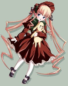 Rating: Safe Score: 0 Tags: 1girl blonde_hair blue_eyes blush bonnet dress full_body green_background image long_hair long_sleeves mary_janes pantyhose red_dress shinku shoes simple_background solo stuffed_animal twintails very_long_hair white_legwear User: admin