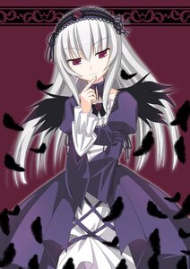 Rating: Safe Score: 0 Tags: 1girl bangs black_wings dress feathers finger_to_mouth frills gothic hairband image juliet_sleeves kanzaki_karuna lolita_hairband long_hair long_sleeves looking_at_viewer pink_eyes puffy_sleeves rozen_maiden silver_hair smile solo suigintou wings User: admin