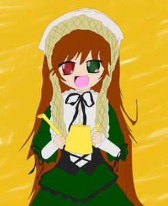 Rating: Safe Score: 0 Tags: 1girl :d brown_hair dress frills green_dress green_eyes head_scarf heterochromia holding image long_hair long_sleeves looking_at_viewer open_mouth red_eyes simple_background smile solo suiseiseki very_long_hair watering_can yellow_background User: admin