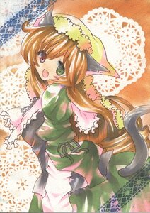 Rating: Safe Score: 0 Tags: 1girl animal_ears brown_hair cat_ears cat_tail dress fang green_eyes heterochromia image long_hair long_sleeves open_mouth solo suiseiseki tail traditional_media User: admin