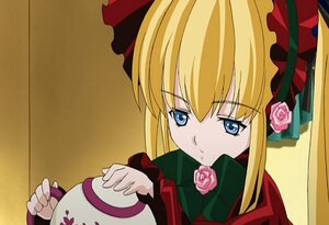 Rating: Safe Score: 0 Tags: 1girl blonde_hair blue_eyes bonnet bow flower hat image long_hair pink_flower pink_rose red_rose rose shinku solo User: admin