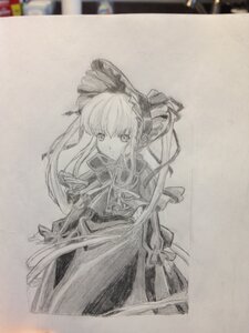 Rating: Safe Score: 0 Tags: 1girl bonnet bow dress frills image long_hair long_sleeves looking_at_viewer monochrome photo ribbon shinku solo traditional_media very_long_hair User: admin