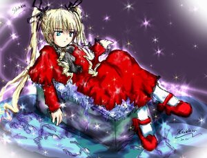 Rating: Safe Score: 0 Tags: 1girl blonde_hair blue_eyes bow capelet dress hair_ribbon image long_hair red_capelet ribbon shinku shoes signature solo sparkle twintails User: admin