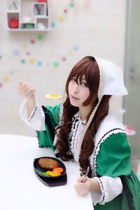 Rating: Safe Score: 0 Tags: 1girl blue_eyes blurry brown_hair depth_of_field dress food green_dress green_eyes head_scarf long_hair photo solo suiseiseki User: admin