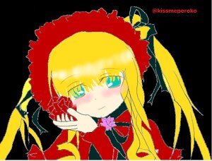 Rating: Safe Score: 0 Tags: 1girl blonde_hair blue_eyes blush bonnet bow bowtie flower image long_hair long_sleeves looking_at_viewer rose shinku smile solo User: admin