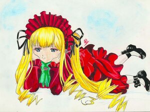 Rating: Safe Score: 0 Tags: 1girl bangs black_footwear blonde_hair blue_eyes bonnet bow bowtie chin_rest closed_mouth dress drill_hair frills full_body green_bow image long_hair long_sleeves looking_at_viewer lying marker_(medium) on_stomach photo red_dress ribbon shinku shoes solo traditional_media twintails User: admin