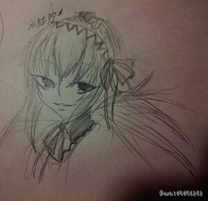 Rating: Safe Score: 0 Tags: 1girl closed_mouth eyebrows_visible_through_hair flower hairband image long_hair looking_at_viewer monochrome sketch smile solo suigintou traditional_media wings User: admin