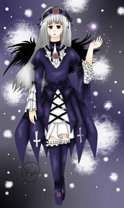 Rating: Safe Score: 0 Tags: 1girl black_wings dress flower frills full_body hairband image lolita_hairband long_hair long_sleeves looking_at_viewer red_eyes silver_hair snow snowing solo standing suigintou thighhighs wings User: admin