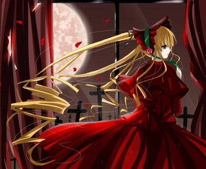 Rating: Safe Score: 0 Tags: 1girl blonde_hair blue_eyes bonnet bow capelet dress flower full_moon image long_hair long_sleeves looking_back moon petals red_dress rose rose_petals shinku solo twintails very_long_hair User: admin