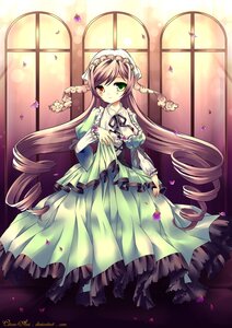 Rating: Safe Score: 0 Tags: 1girl brown_hair dress drill_hair flower frills green_dress green_eyes heterochromia image long_hair long_sleeves looking_at_viewer petals red_eyes ribbon smile solo suiseiseki twin_drills very_long_hair window User: admin