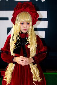 Rating: Safe Score: 0 Tags: 1girl bangs blonde_hair blue_eyes bonnet dress flower hands_together lips long_hair long_sleeves looking_at_viewer own_hands_together red_dress rose shinku solo standing very_long_hair User: admin