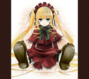 Rating: Safe Score: 0 Tags: 1girl blonde_hair blue_eyes blush bow bowtie capelet dress green_bow image long_hair long_sleeves looking_at_viewer red_dress shinku shoes sitting solo twintails User: admin