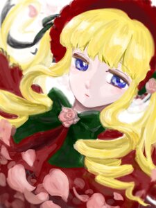 Rating: Safe Score: 0 Tags: 1girl bangs blonde_hair blue_eyes blurry bonnet bow bowtie depth_of_field dress drill_hair flower green_bow image long_hair looking_at_viewer pink_flower pink_rose rose shinku simple_background solo twin_drills white_background User: admin