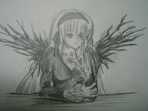 Rating: Safe Score: 0 Tags: 1girl dress feathered_wings greyscale hairband image long_hair long_sleeves looking_at_viewer monochrome simple_background solo suigintou traditional_media upper_body wings User: admin