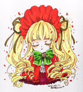 Rating: Safe Score: 0 Tags: 1girl bangs blonde_hair blush bonnet bow bowtie drill_hair flower green_bow image long_hair petals rose rose_petals shinku solo upper_body User: admin