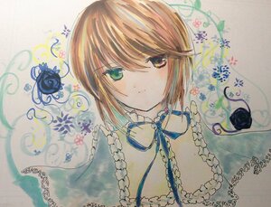 Rating: Safe Score: 0 Tags: 1girl blue_flower eyebrows_visible_through_hair flower frills green_eyes image looking_at_viewer ribbon short_hair solo souseiseki third_eye traditional_media upper_body watercolor_(medium) User: admin