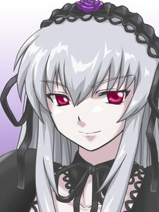 Rating: Safe Score: 3 Tags: 1girl bangs black_ribbon closed_mouth detached_collar face flower hairband image long_hair looking_at_viewer portrait rose silver_hair simple_background smile solo suigintou User: admin