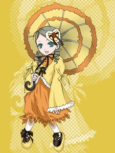 Rating: Safe Score: 0 Tags: 1girl dress drill_hair frills full_body green_hair hair_ornament image kanaria long_hair long_sleeves looking_at_viewer open_mouth parasol ribbon smile solo standing twin_drills umbrella yellow_background yellow_dress User: admin