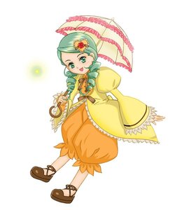Rating: Safe Score: 0 Tags: 1girl dress drill_hair flower full_body green_eyes green_hair hair_ornament holding_umbrella image kanaria long_sleeves parasol puffy_pants solo twin_drills umbrella white_background User: admin