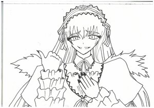 Rating: Safe Score: 0 Tags: 1girl frilled_sleeves frills greyscale hairband image long_hair long_sleeves looking_at_viewer monochrome ribbon simple_background smile solo suigintou upper_body white_background wings User: admin