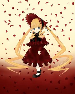 Rating: Safe Score: 0 Tags: 1girl blonde_hair blue_eyes bonnet bow dress flower image long_hair long_sleeves looking_at_viewer petals red_dress rose_petals shinku shoes solo twintails very_long_hair User: admin