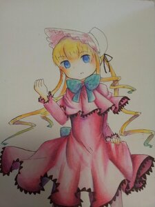 Rating: Safe Score: 0 Tags: 1girl blonde_hair blue_eyes bonnet bow bowtie capelet cowboy_shot dress frills hat image long_hair long_sleeves looking_at_viewer pink_dress red_dress ribbon shinku simple_background solo standing traditional_media twintails User: admin